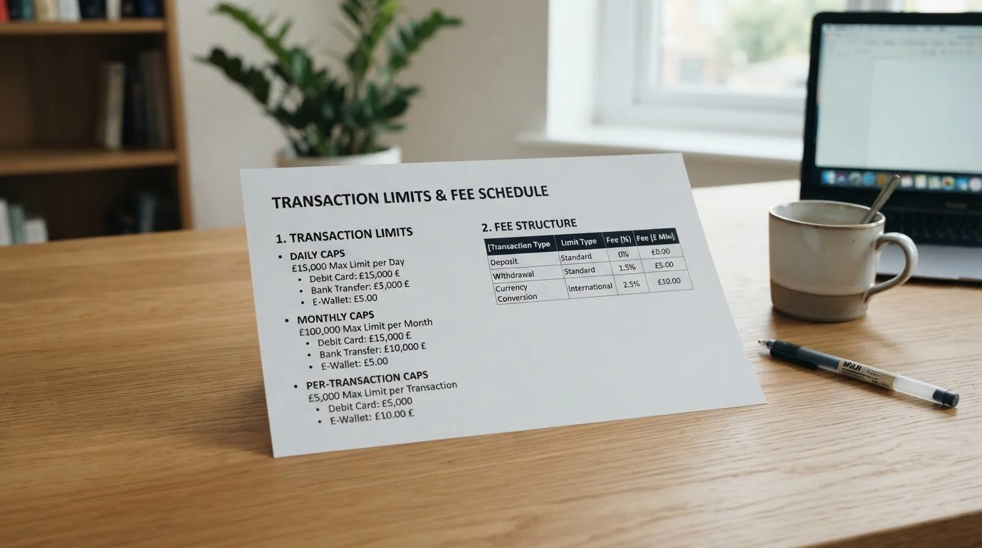 Document showing PSA transaction cap breakdown with monthly limit calculator and carrier fee structure