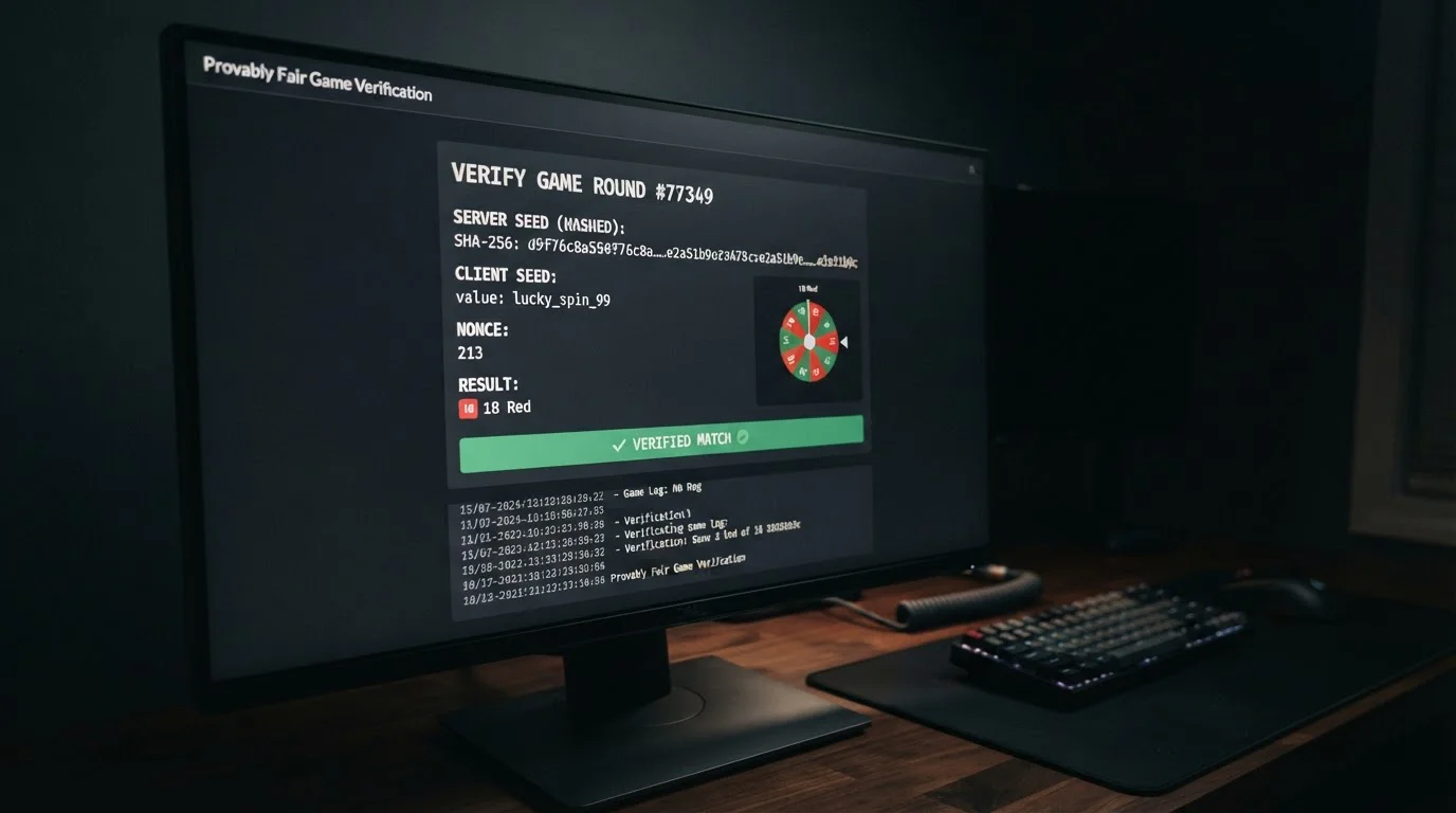 Provably fair game interface showing seed verification and RNG transparency