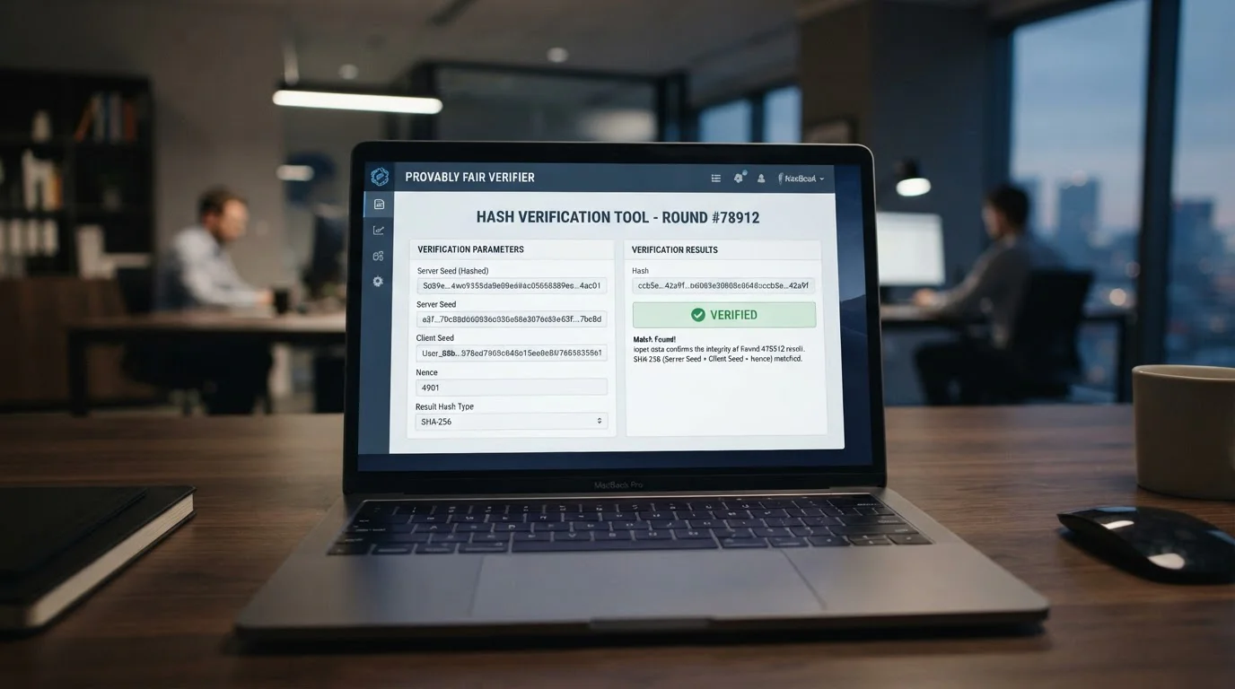 Provably fair game interface showing server seed, client seed, and hash verification