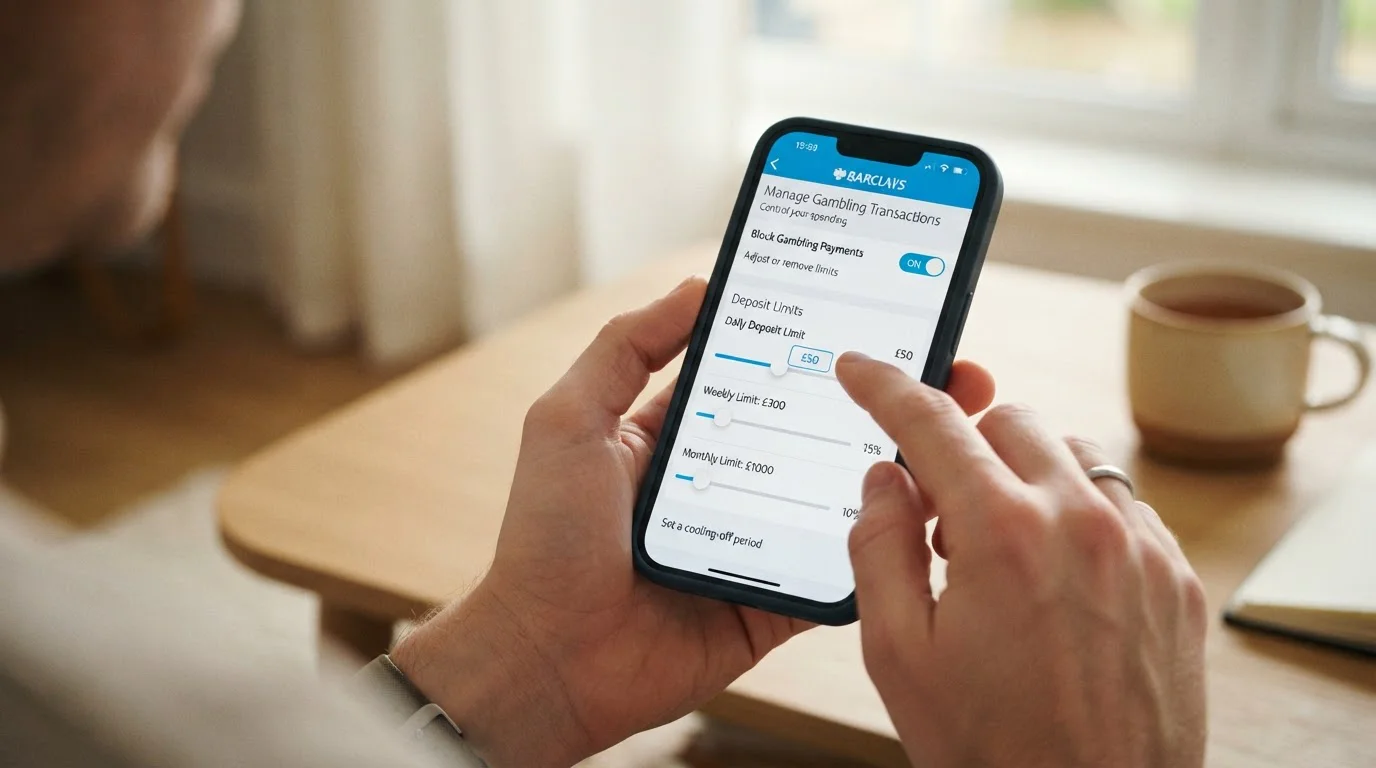 Hand setting deposit limit on mobile banking app with gambling transaction controls visible