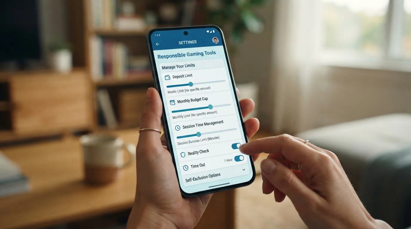 Smartphone displaying deposit limit settings screen with monthly cap and reality-check timer controls