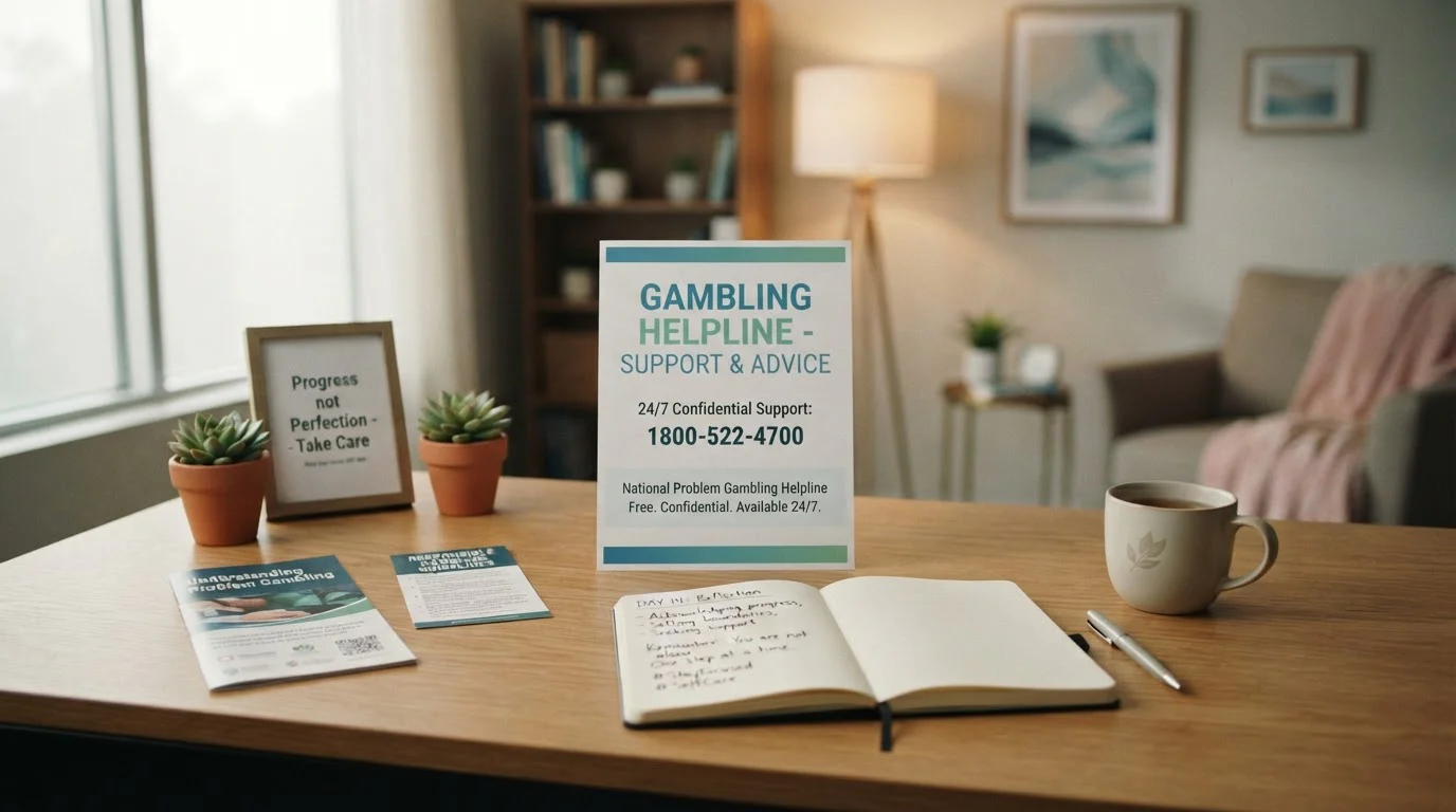 Desk with responsible gambling resources document and helpline contact information