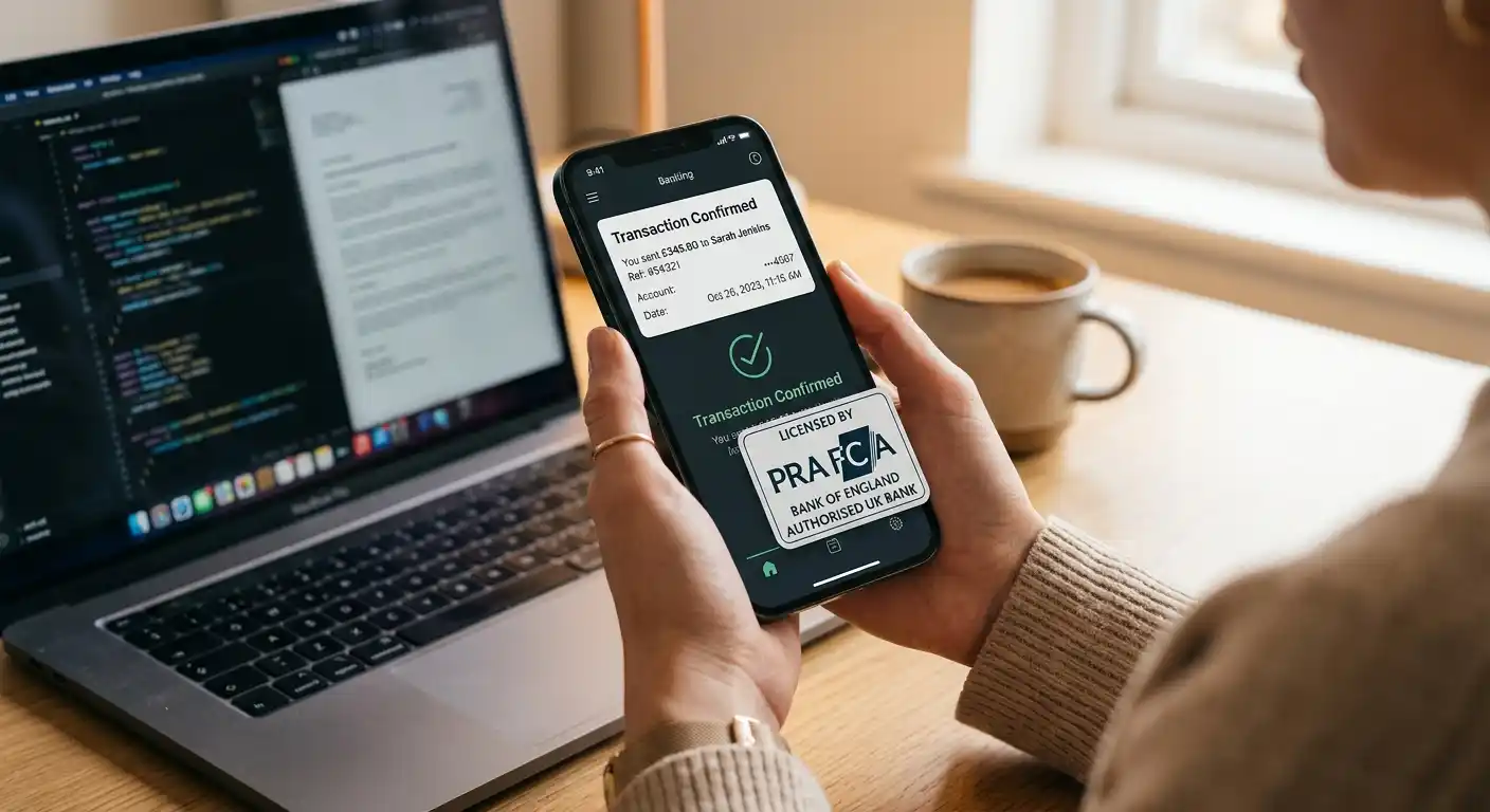 Revolut app interface showing casino transaction with UK banking licence badge overlay