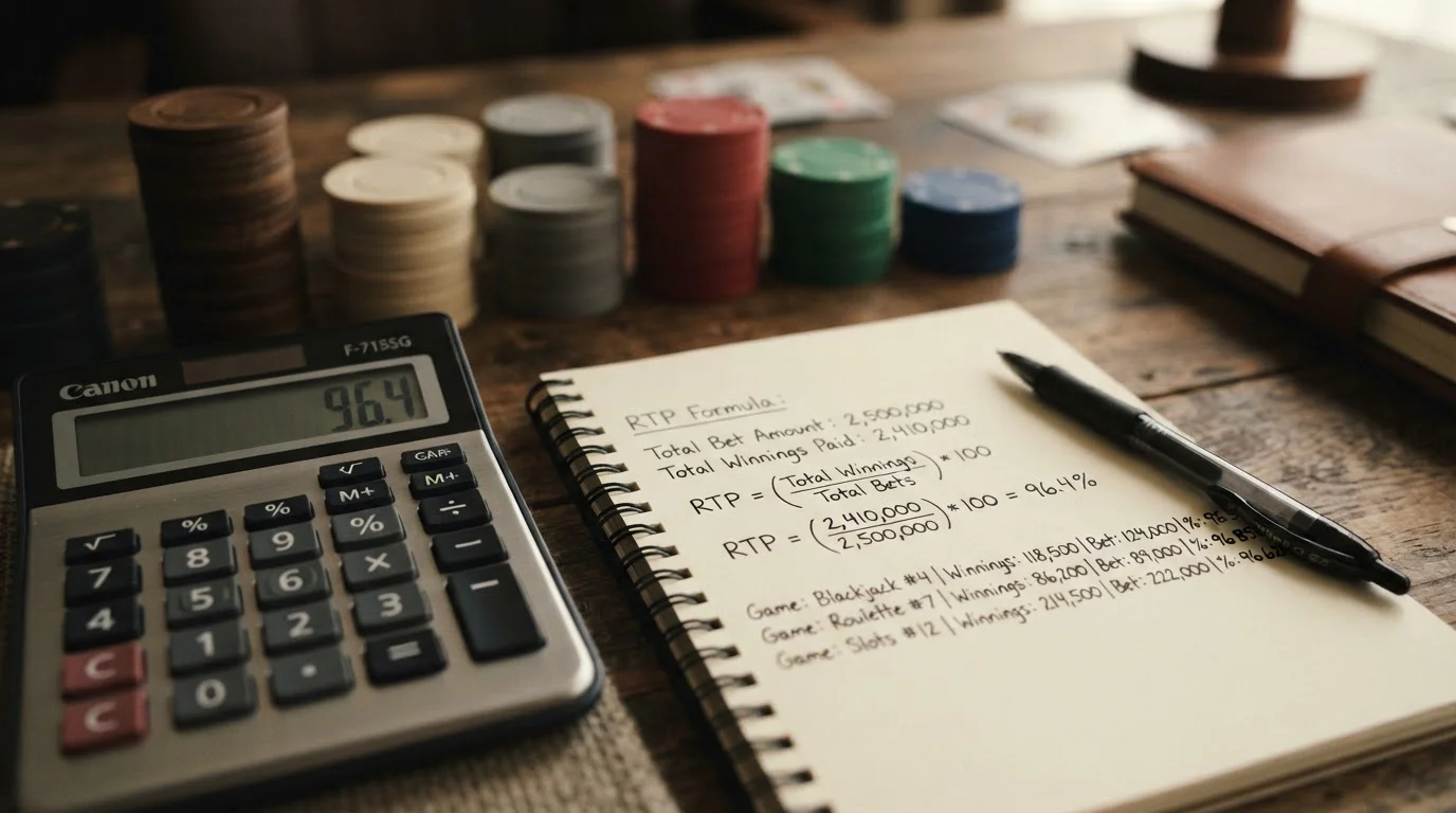 Calculator and casino chips showing RTP calculation breakdown