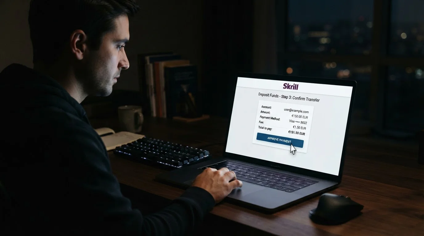 Step-by-step deposit flow from Skrill wallet to casino balance on laptop screen