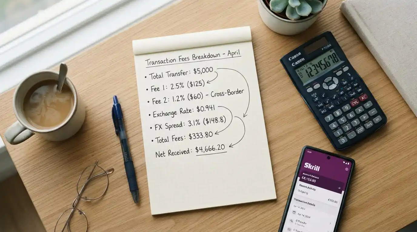 Skrill fee breakdown showing currency conversion and international transaction costs