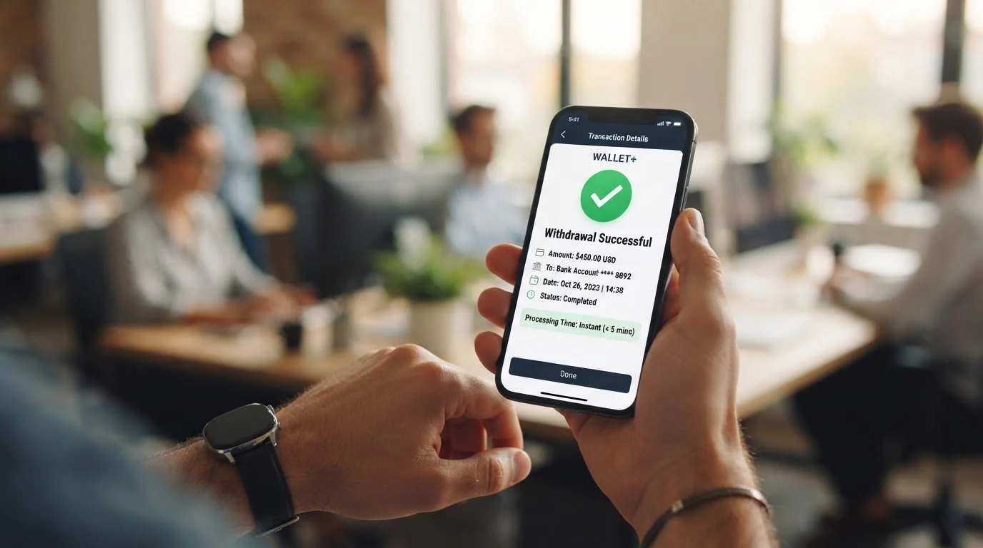 E-wallet withdrawal processing with fast payout confirmation on mobile device