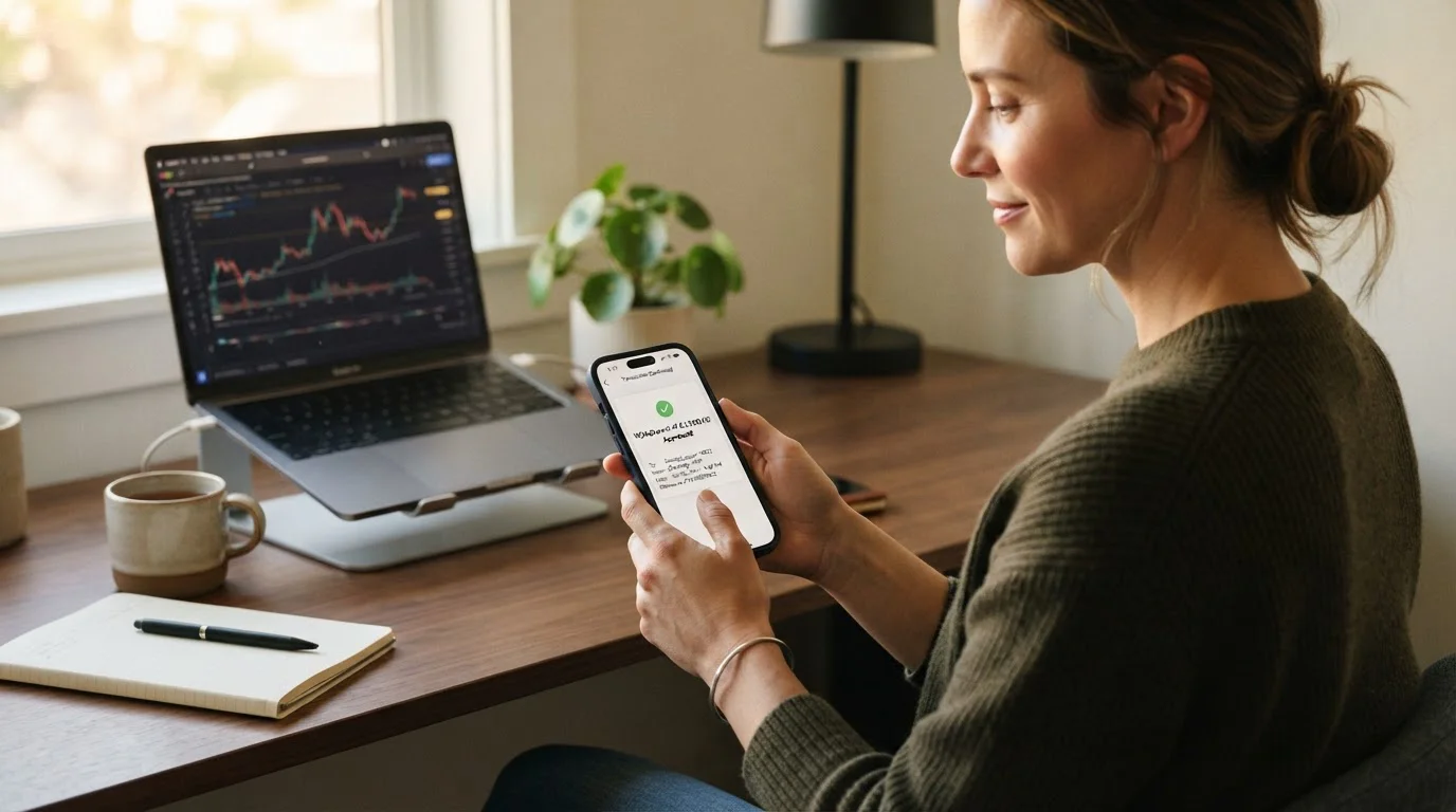 Person reviewing withdrawal approval timeline on smartphone with Skrill app open