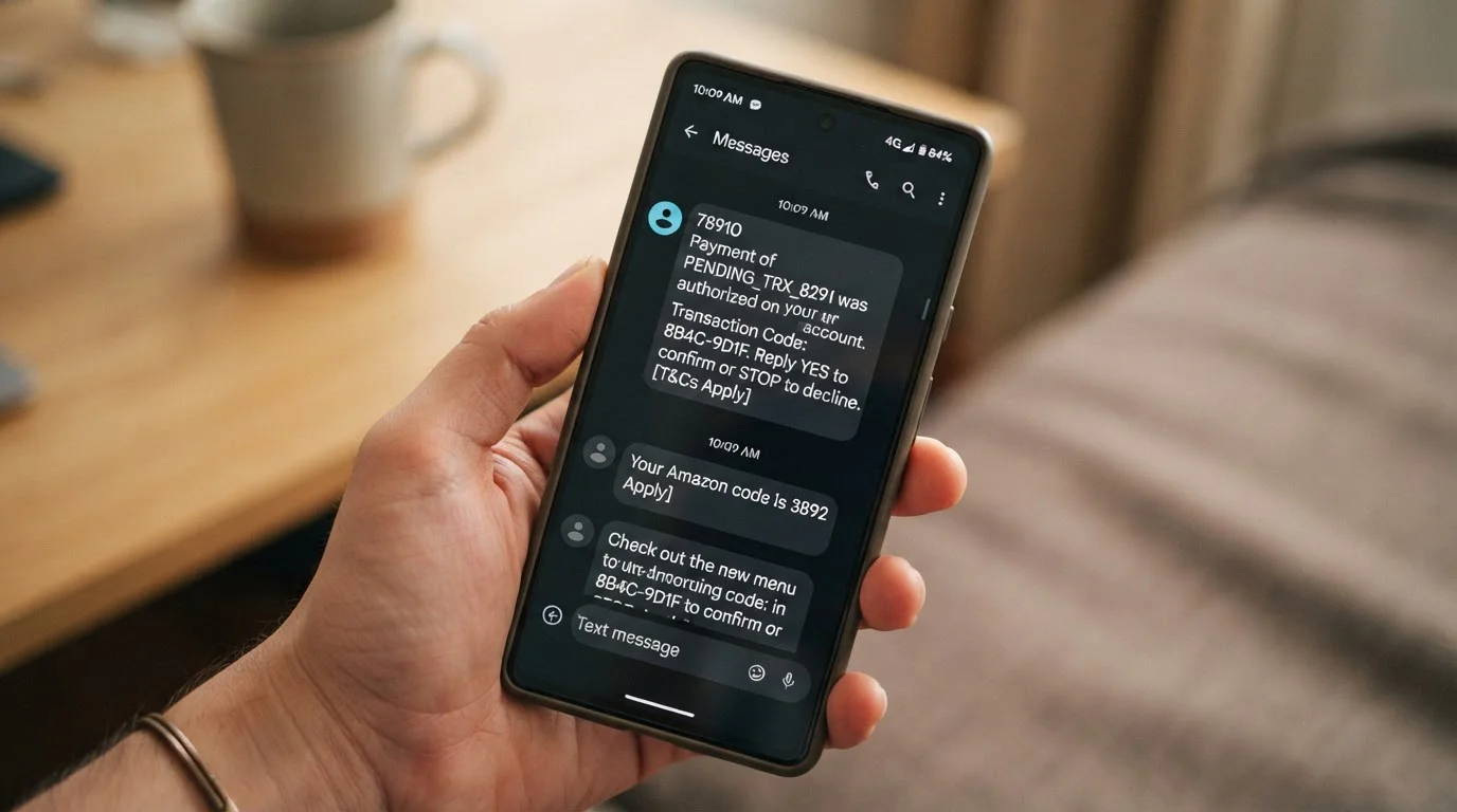 Smartphone screen showing SMS confirmation message with transaction code and secure verification
