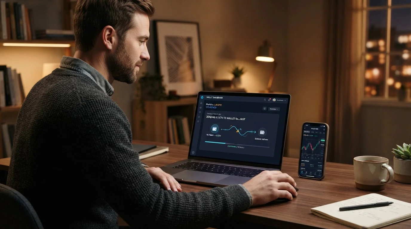 Person at laptop completing cryptocurrency transaction with digital wallet