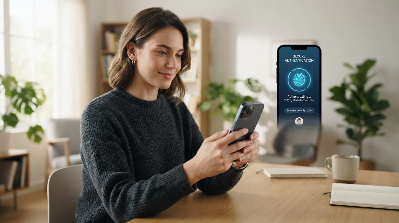 Person using smartphone for mobile banking authentication with biometric security