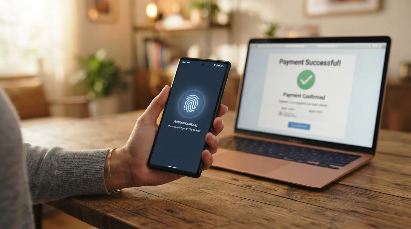 Person authenticating payment in mobile banking app for casino deposit