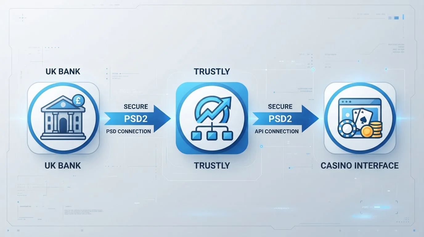 Diagram showing data flow from UK bank through Trustly to casino with PSD2 secure connection