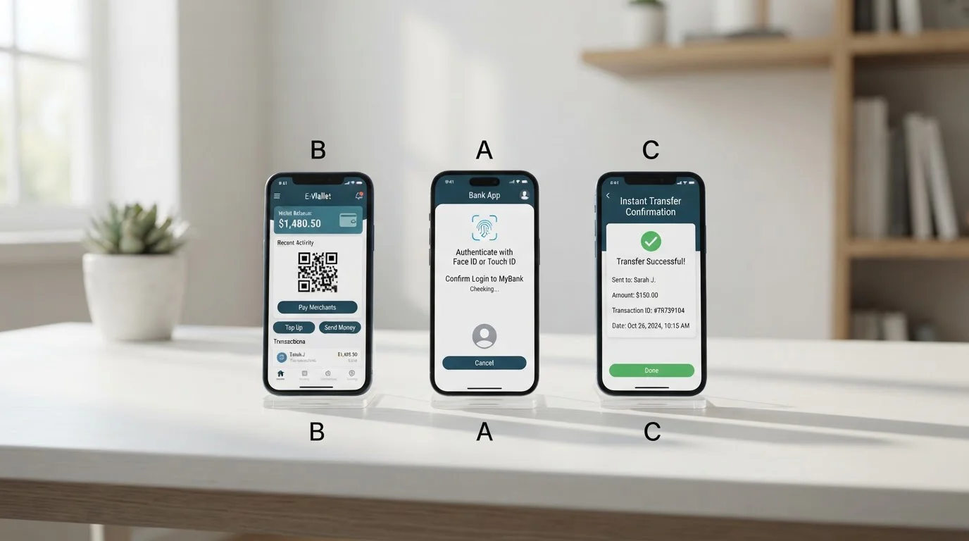 Multiple smartphones showing different mobile payment authentication methods