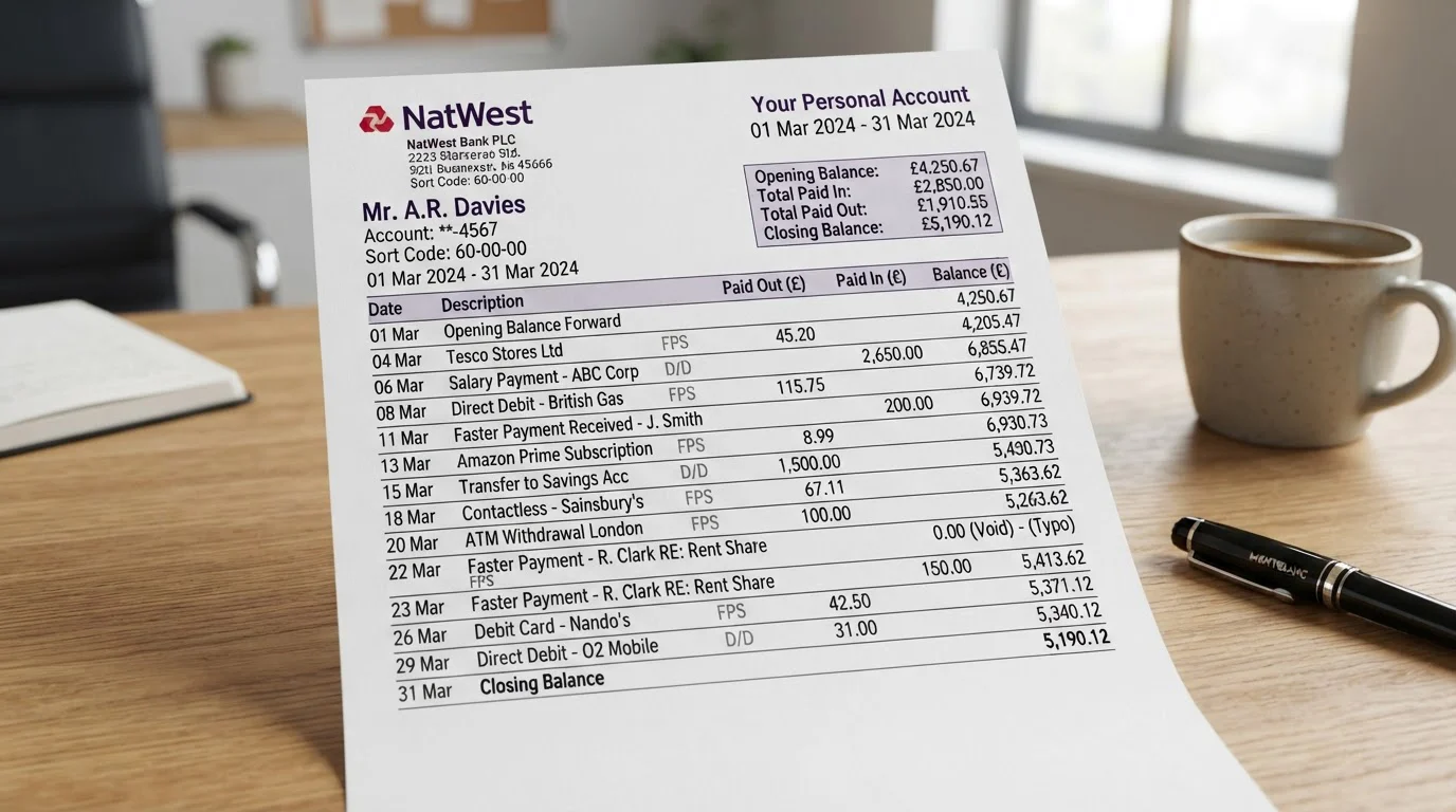 UK bank account statement showing casino deposit and withdrawal transactions with Faster Payments