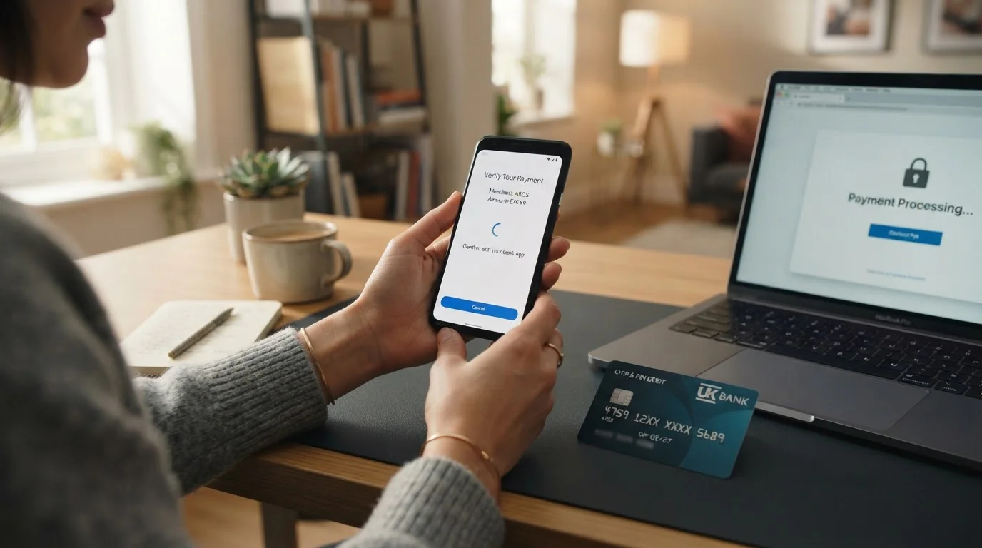 Person completing secure debit card payment verification on smartphone with card beside laptop