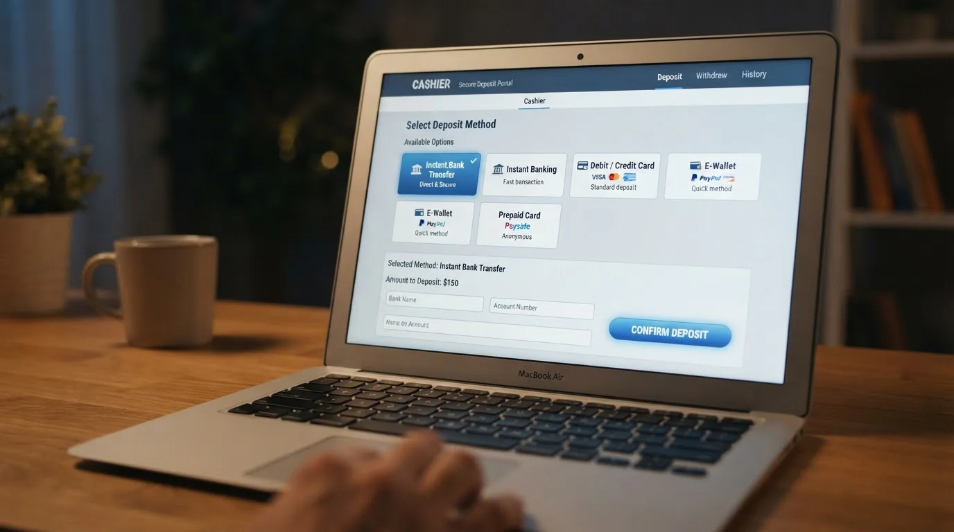Casino cashier interface showing deposit methods including instant bank transfer