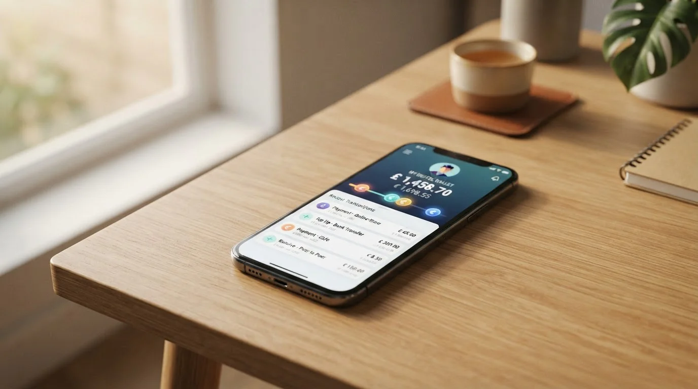 Modern e-wallet payment interface on smartphone with digital tokens