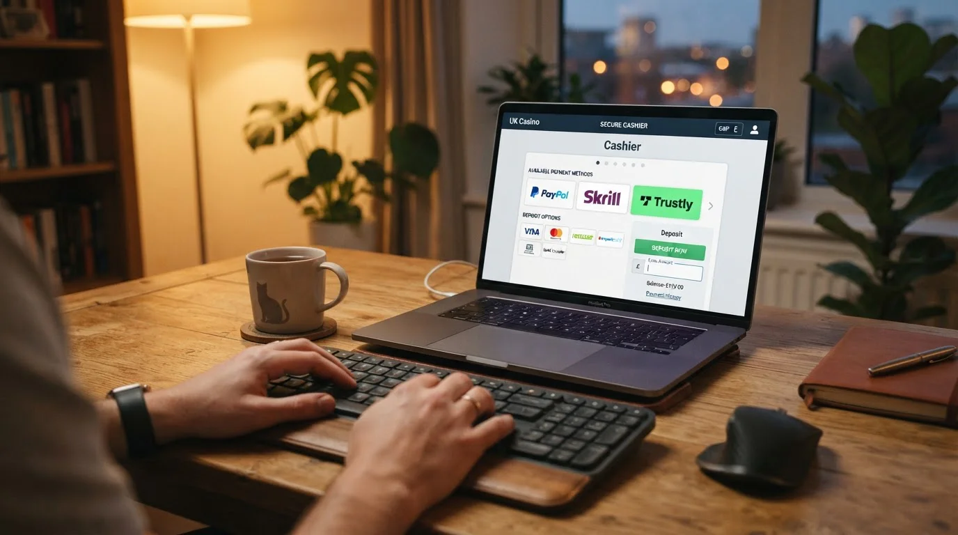 Laptop showing a UK casino cashier page with PayPal, Skrill and Trustly payment icons