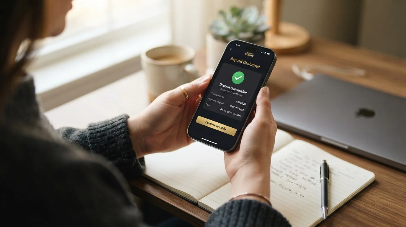 Mobile phone displaying a casino app with £1 deposit confirmation screen