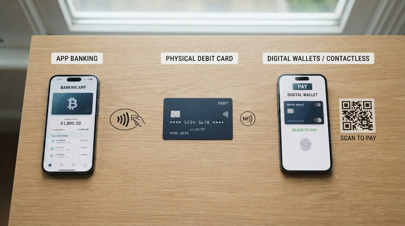 Comparison of UK casino payment methods on desk with phone and cards