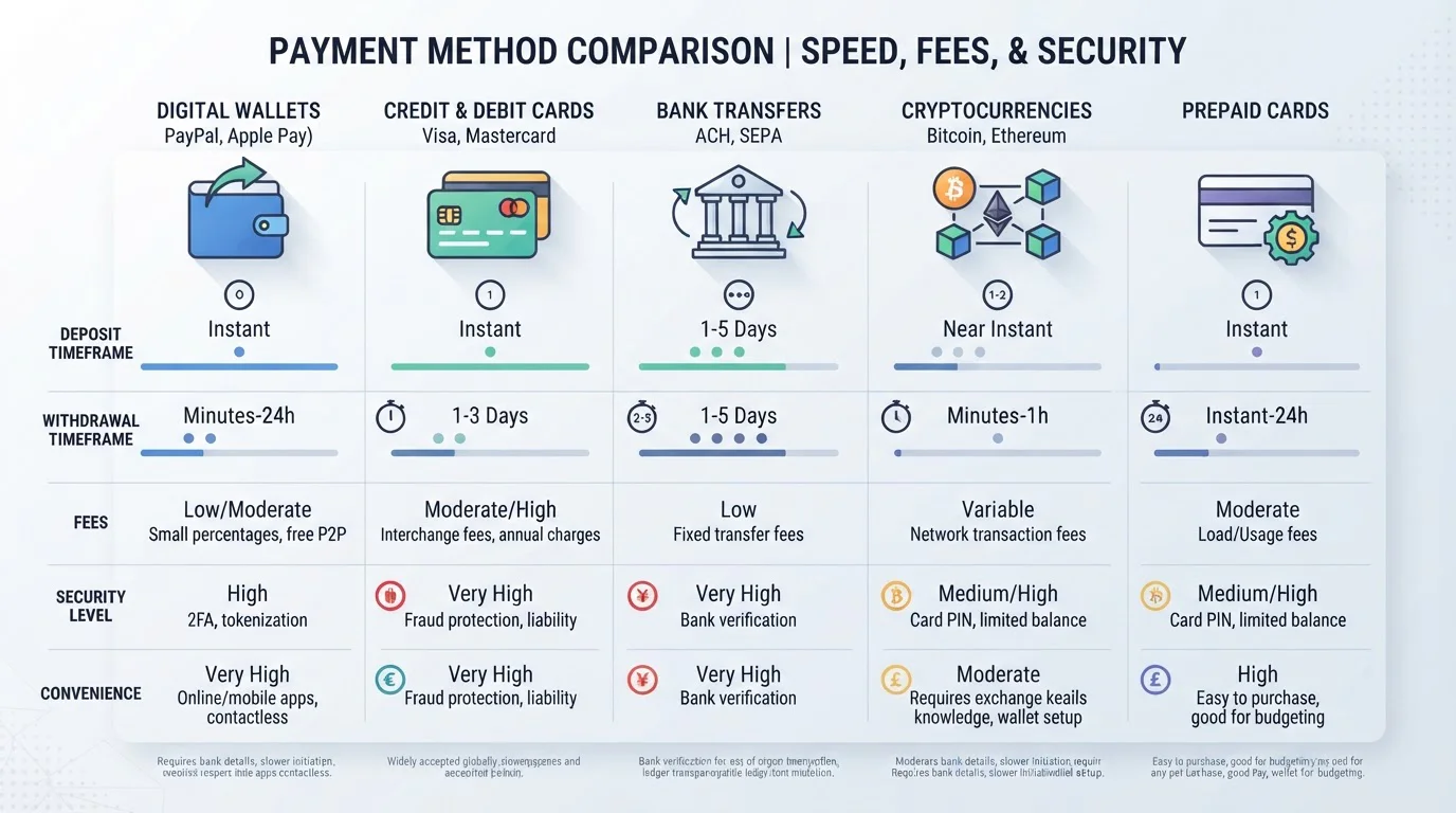Comparison table of UK casino payment alternatives with deposit and withdrawal speeds