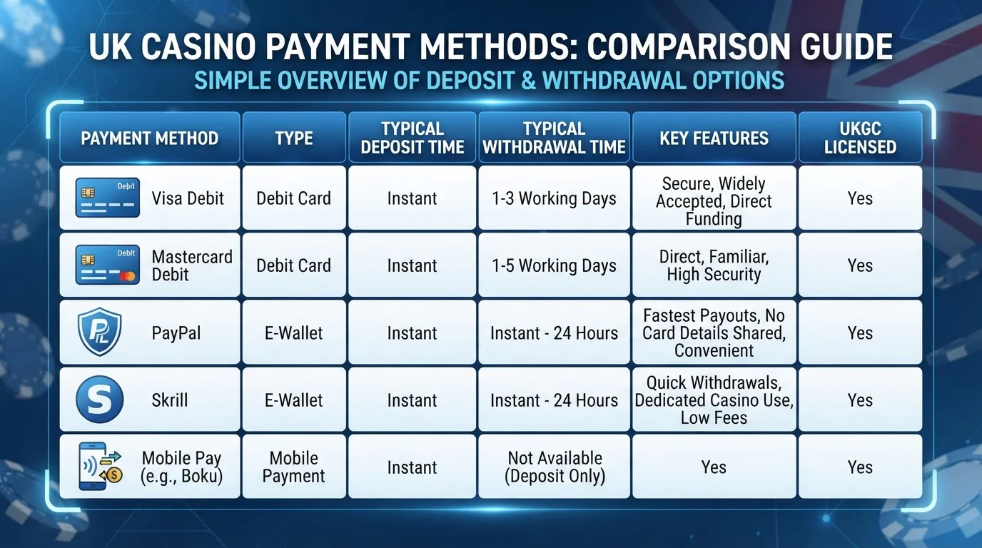 Comparison of UK casino payment methods including cards, e-wallets, and mobile payments