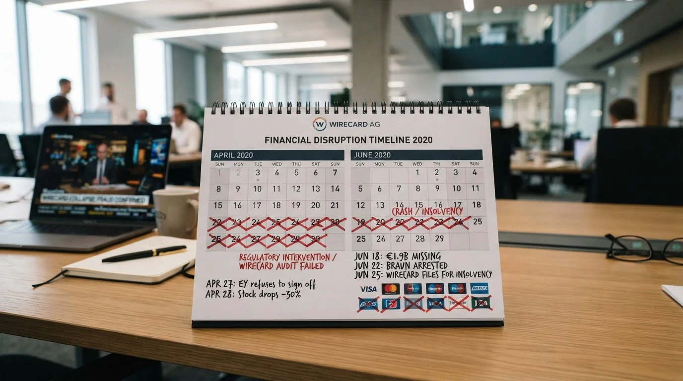 Calendar showing April and June 2020 with credit card and Wirecard logos crossed out