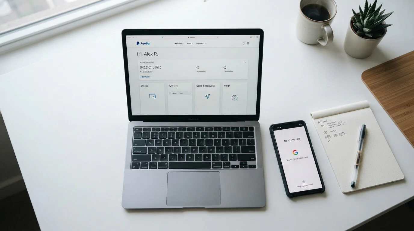 Desktop workspace showing PayPal e-wallet interface on laptop screen alongside smartphone with Google Pay app
