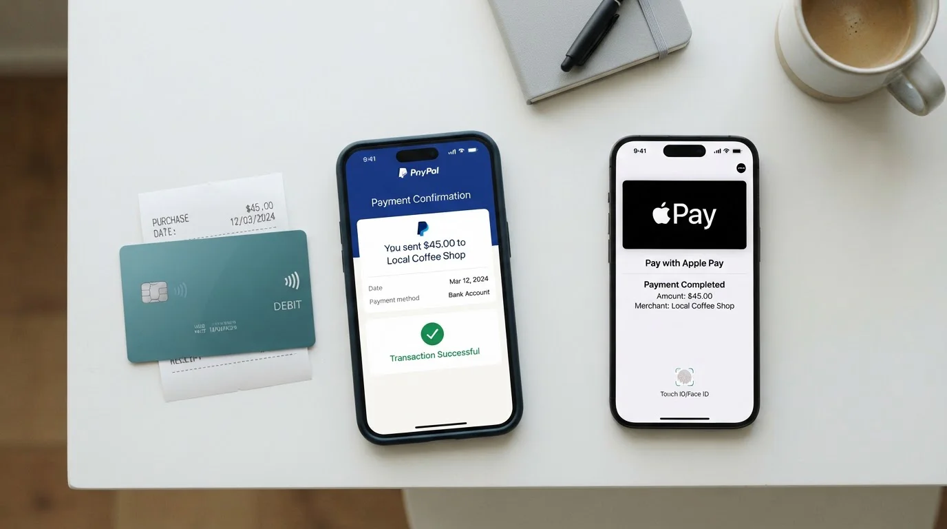 Payment method comparison showing debit card, PayPal, Apple Pay and mobile phone