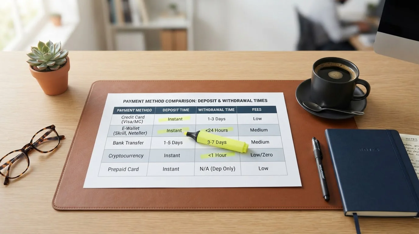 Office desk with casino payment method comparison chart and highlighted entries