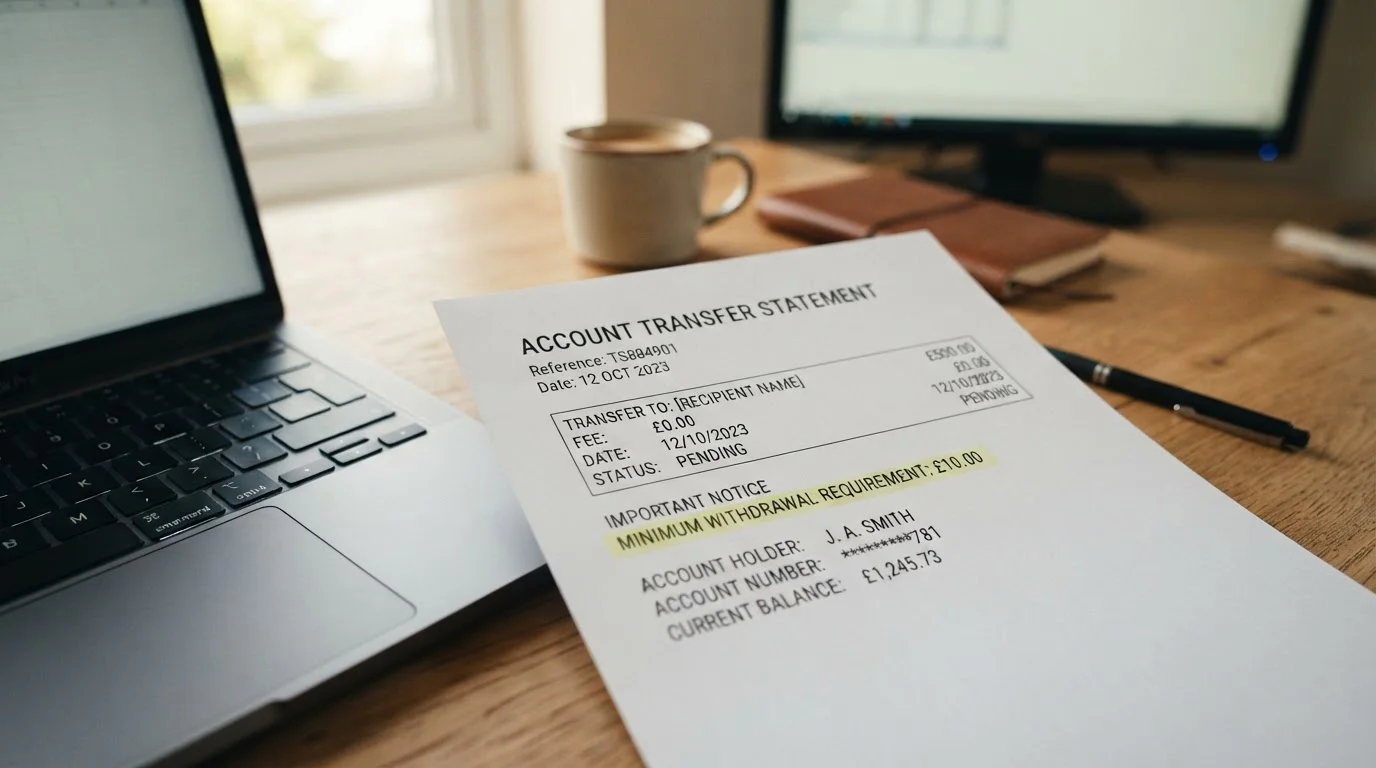 Bank transfer statement showing £10 withdrawal minimum requirement highlighted