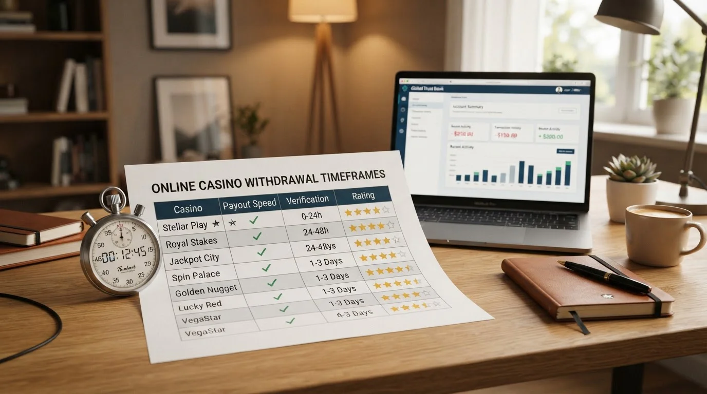 Desk with printed casino comparison chart, stopwatch, and laptop showing banking dashboard