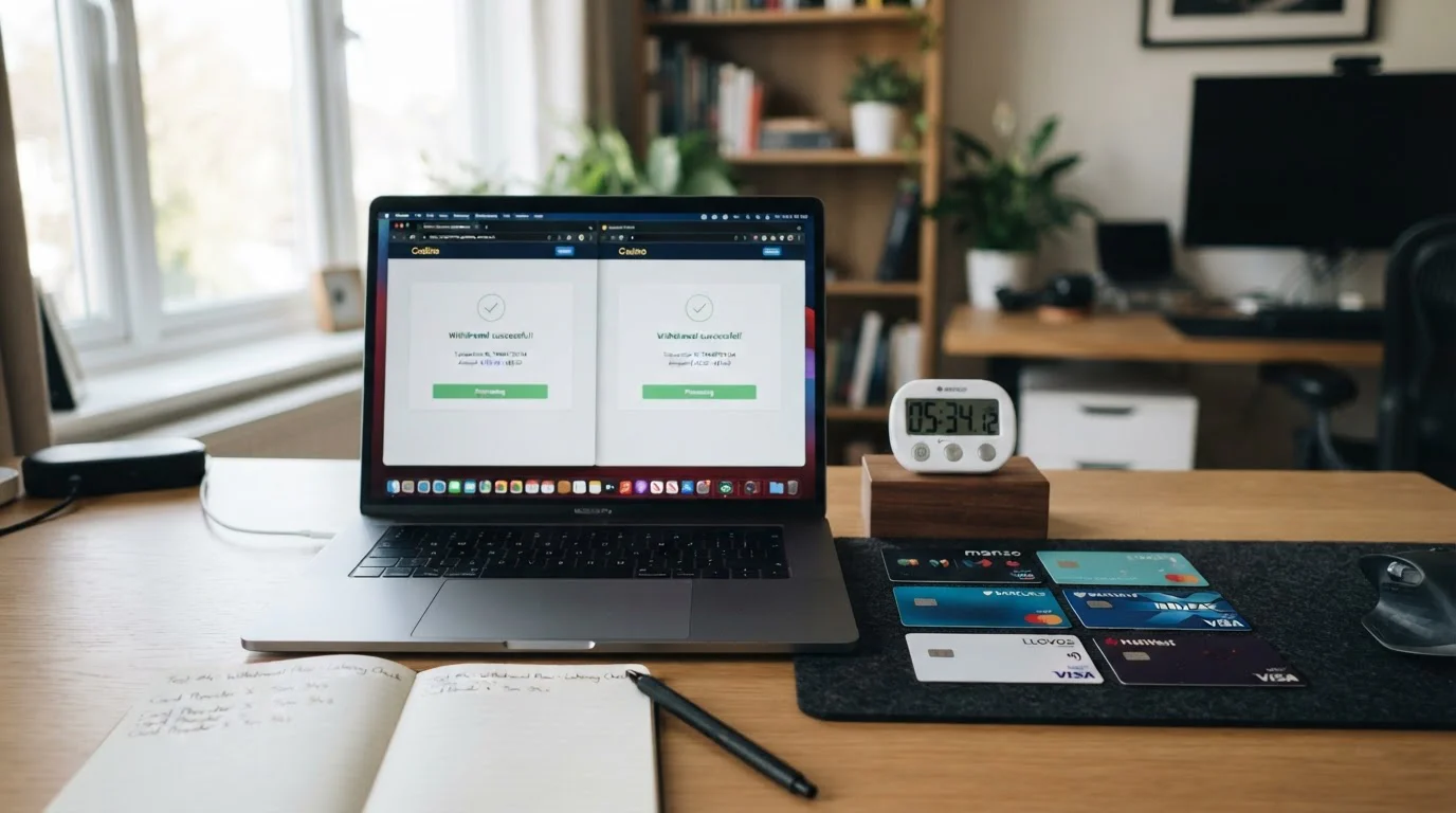 Testing setup with multiple UK bank cards and casino withdrawal confirmation screens displayed