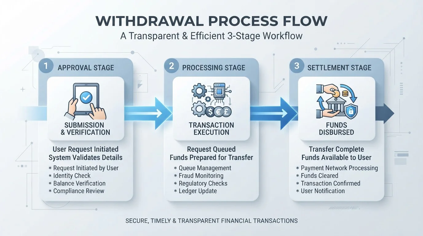 Diagram showing three-stage withdrawal timeline with pending approval, provider processing, and bank settlement phases