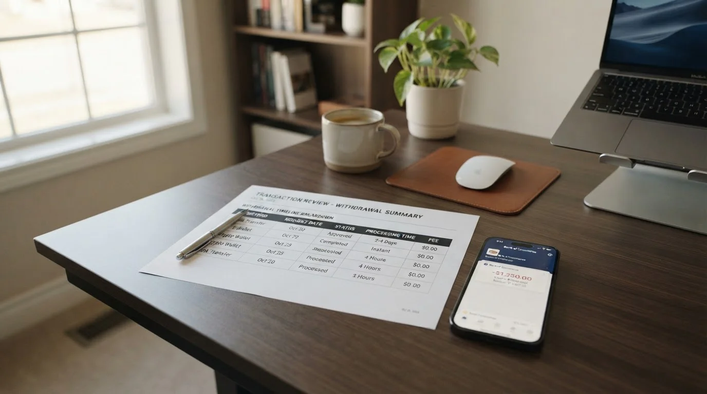 Clean office desk with printed casino transaction statement showing withdrawal timing breakdown and fee structure