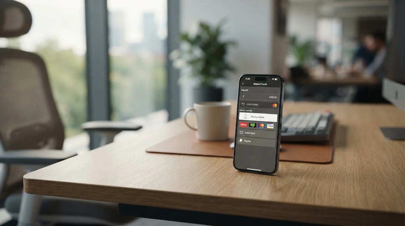 UK smartphone showing mobile casino payment interface with Boku deposit option