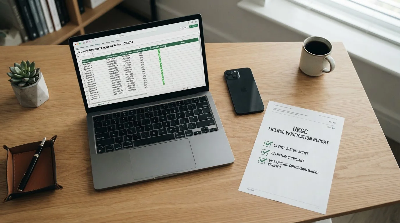 Laptop screen showing UKGC licence verification check and operator comparison spreadsheet