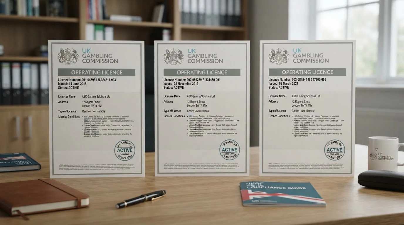 Three UK casino licence certificates from UKGC register for PlayOJO, SpinYoo and DAZN Bet