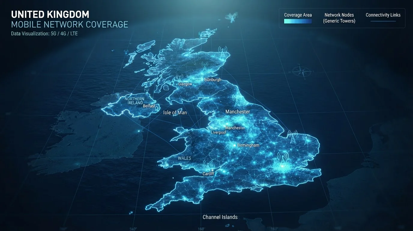 UK map showing mobile network tower coverage with EE, Vodafone, Three, and O2 infrastructure