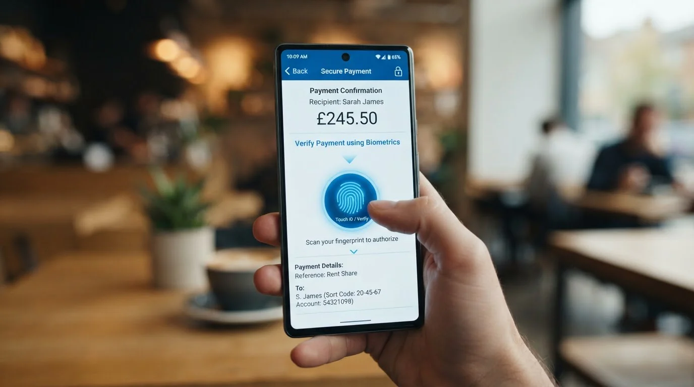 Smartphone displaying banking app authentication screen with fingerprint icon for Open Banking payment