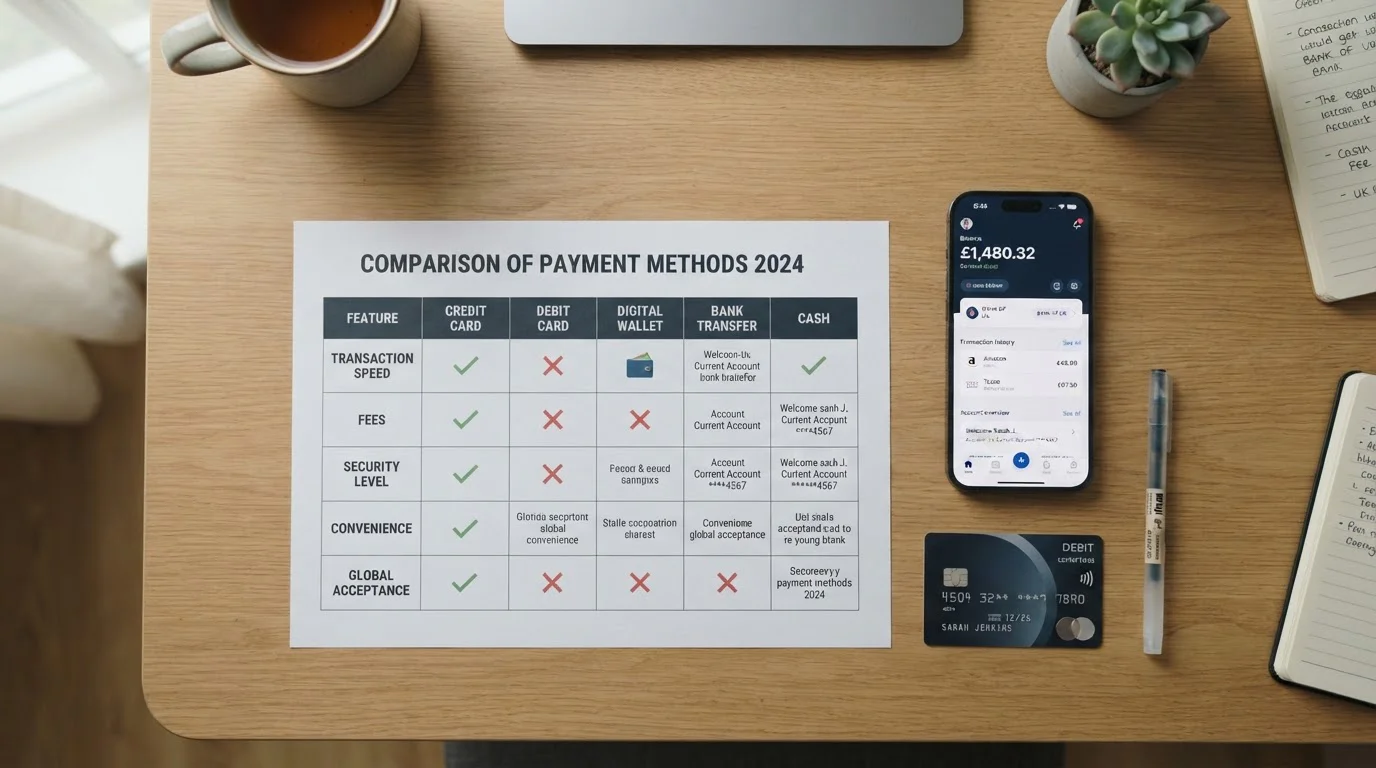 Comparison chart of UK instant payment methods on desk