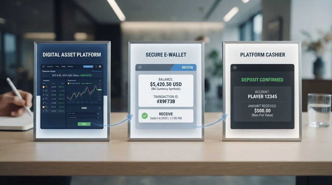 Diagram showing indirect crypto deposit route through e-wallet to UKGC casino