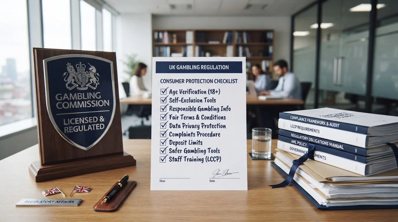 UKGC shield emblem alongside consumer protection checklist and legal documents representing player safeguards