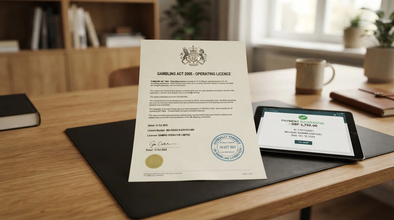 UKGC licence document on desk with verification stamp and digital payment interface
