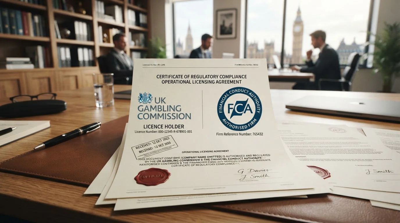 UKGC licence badge and FCA authorisation logo on official documentation