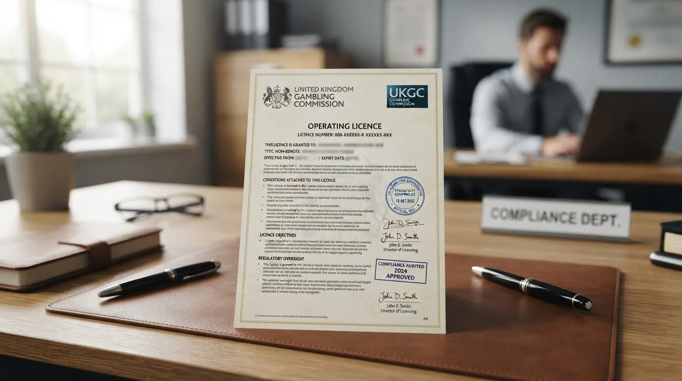 UKGC licensing document with official seal and regulatory compliance stamps