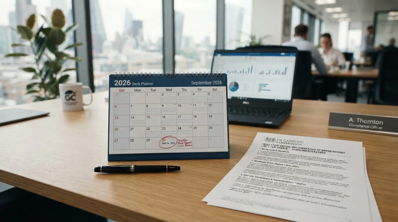 Calendar marking September 30 2026 with UKGC regulatory document showing gross deposit limit rule