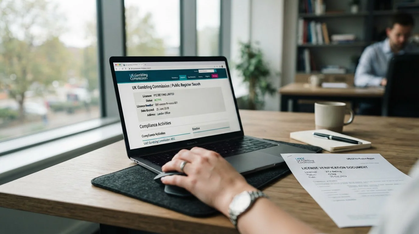 UKGC public register interface on laptop showing active licence verification process