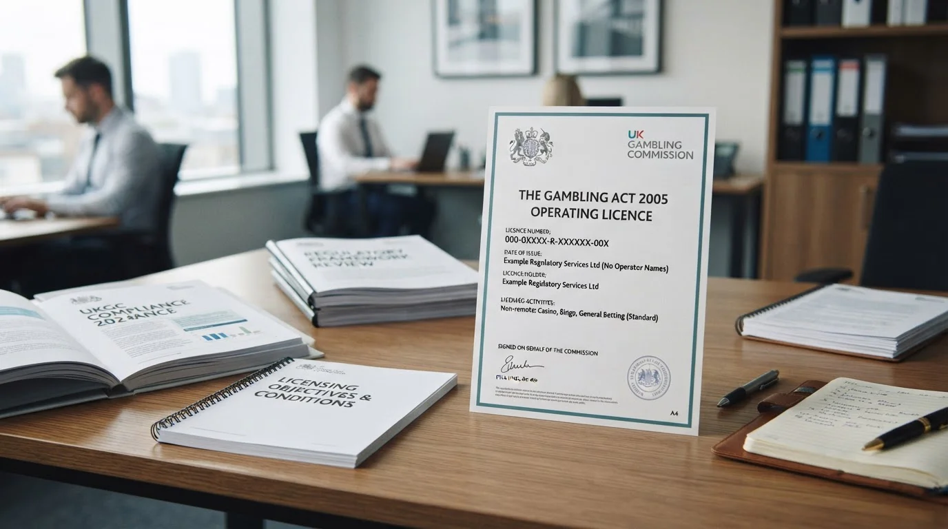 UK Gambling Commission licence certificate on desk with official documentation